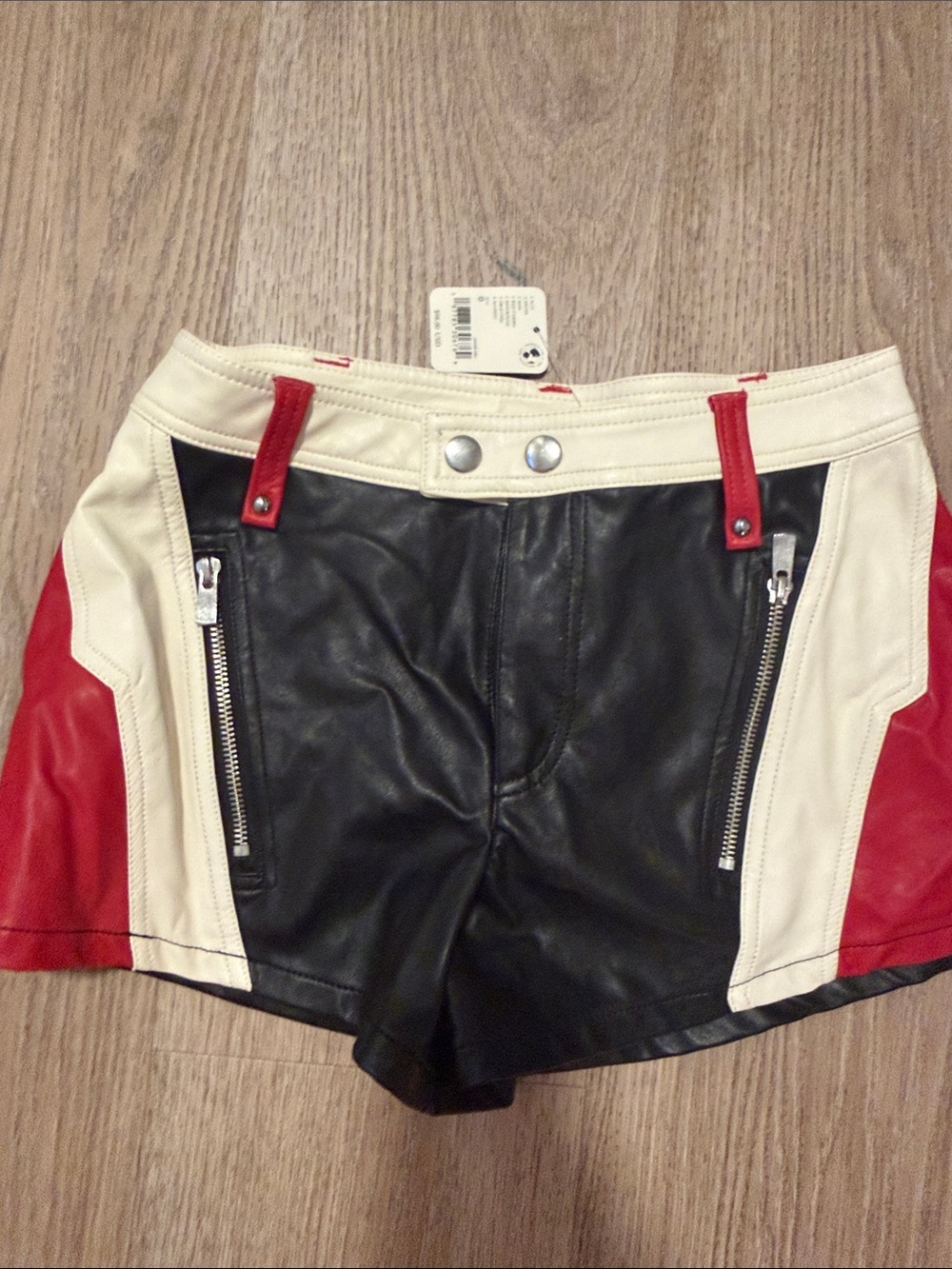 Free People Colorblock Faux Leather Shorts in Black, Cream & Red